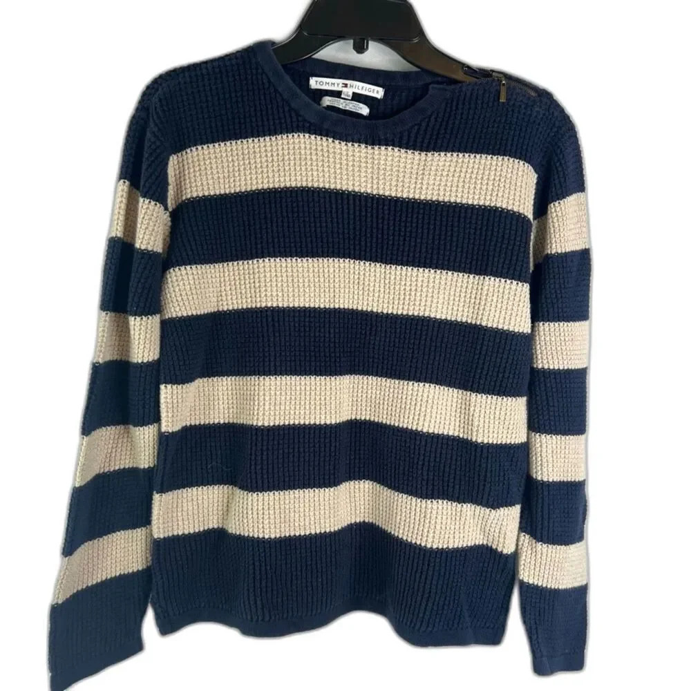 Tommy Hilfiger Navy Cream Vertical Striped Knit Nautical Zip Shldr Sweater Sz LG